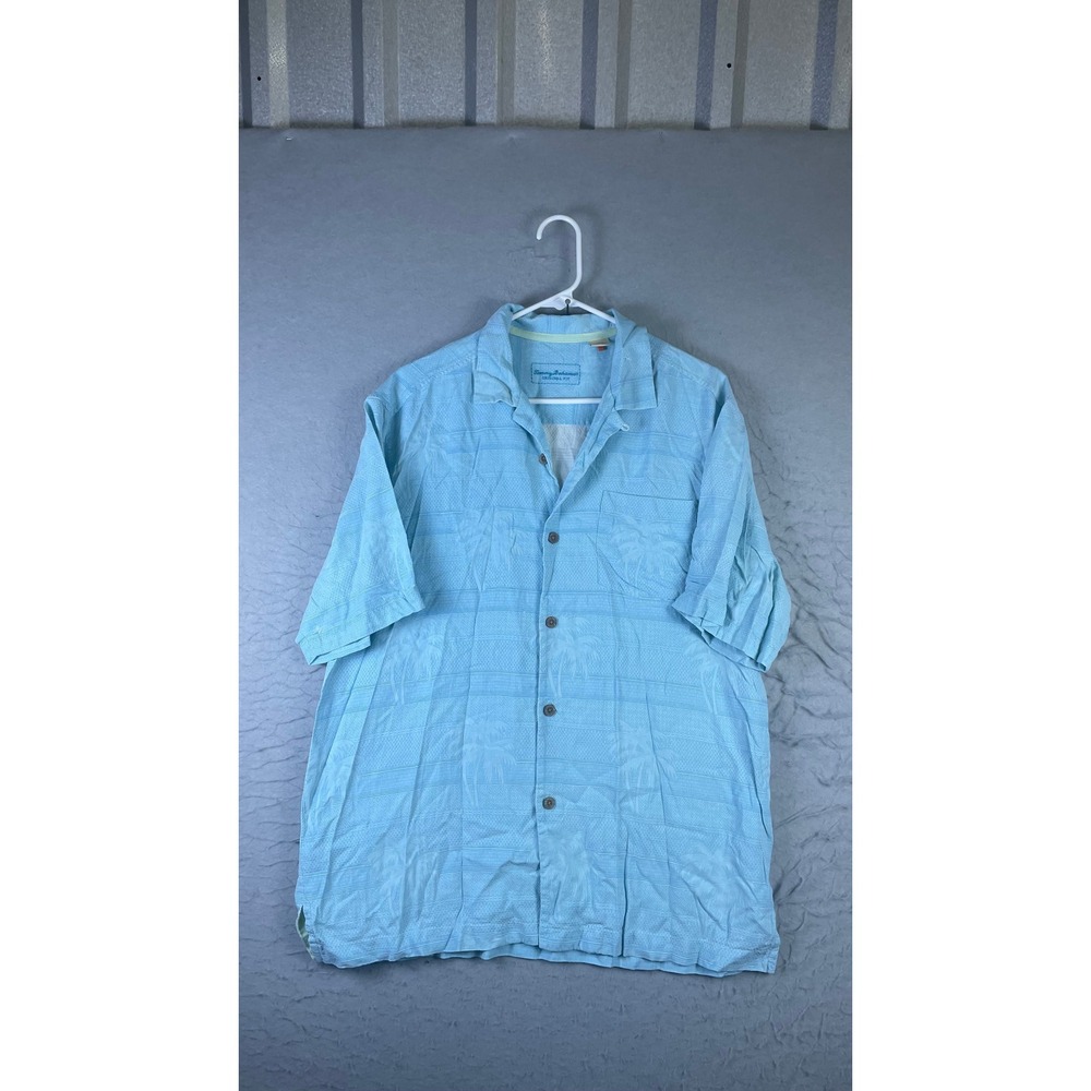Tommy Bahama Silk Shirt Mens M Blue Excellent Palm Tree Jacquard Camp Collar